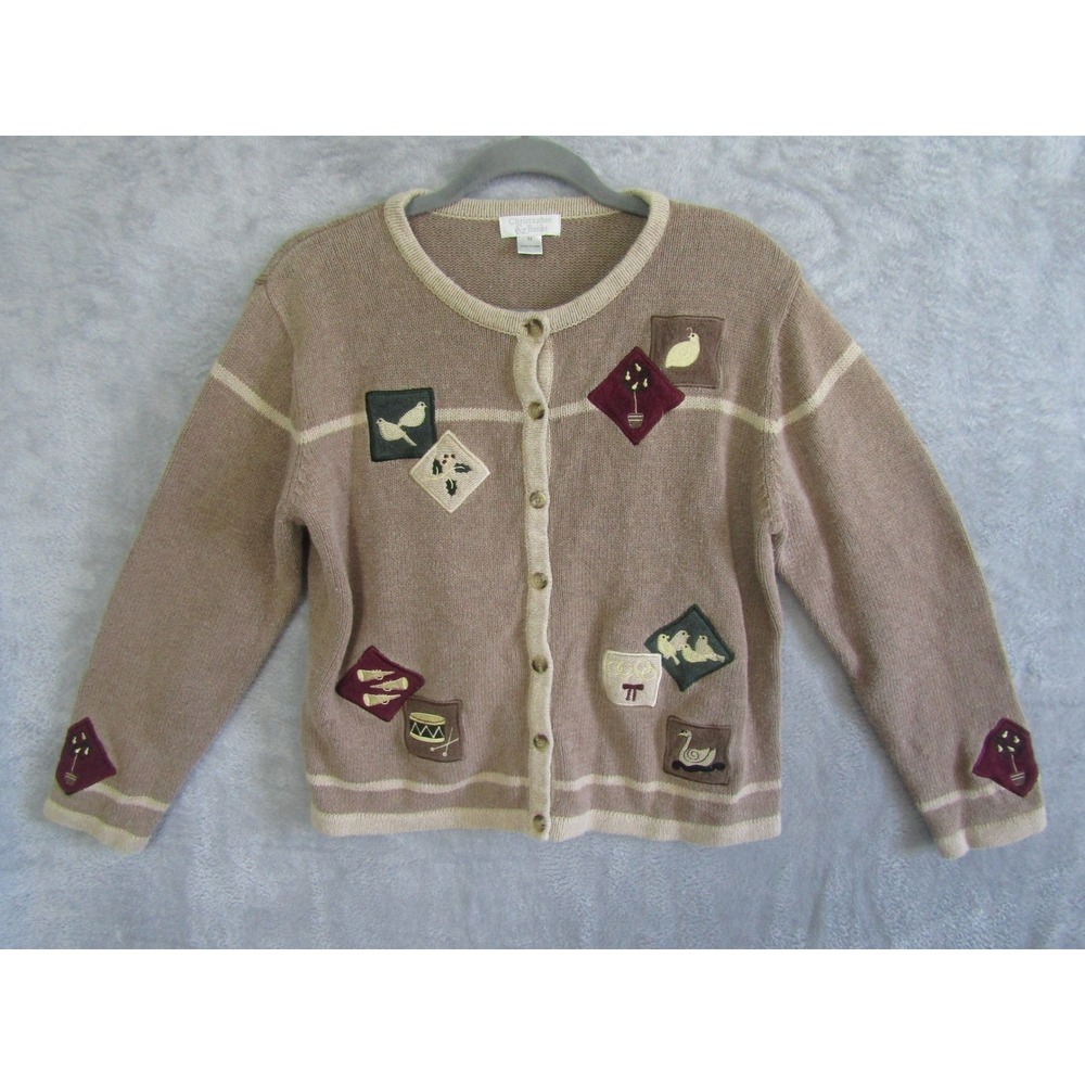 VTG Christopher Banks Tan Beige Embroidered Bird Drum Swan Cardigan Sweater M